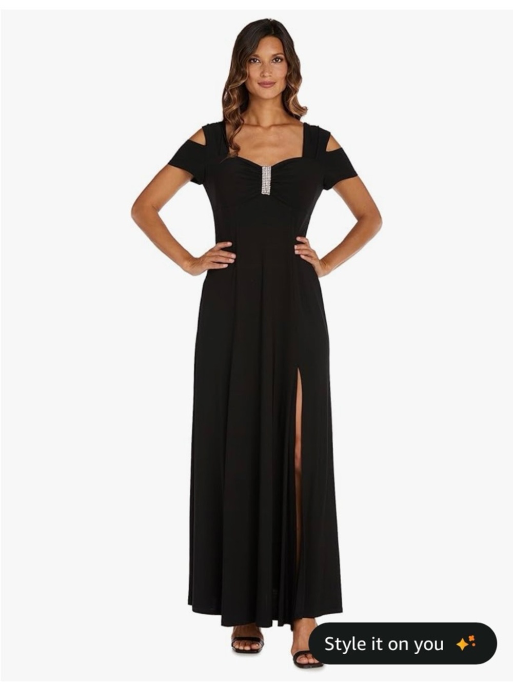 R&M Richards Black Cold-Shoulder Maxi Gown with Rhinestone Accent